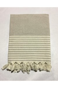 Durul Pamuklu Kanvas Püsküllü Süngersiz Armürlü Bej Üçlü Koltuk Örtüsü 180x215 cm