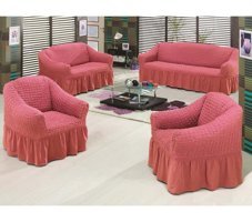 Altın Kelebek Polyester Bürümcük Fırfırlı Süngersiz Giydirmeli Lastikli Gül Kurusu Dörtlü Koltuk Örtüsü 180x230 cm