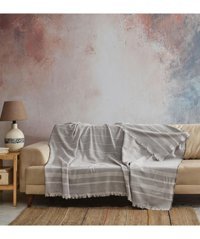 Fushia Madrid Pamuklu Örgü Saçaklı Süngersiz Çizgili Bej Tekli Koltuk Örtüsü 170x210 cm