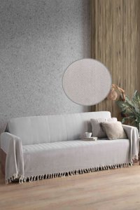Ladynil Natural Pamuklu Saçaklı Süngersiz Çizgili Gri Tekli Koltuk Örtüsü 180x300 cm