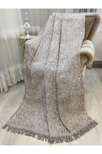 Özlü Home Pamuklu Örgü Saçaklı Süngersiz Çizgili Kahverengi Tekli Koltuk Örtüsü 170x220 cm
