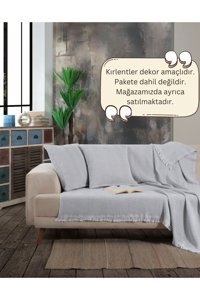 Lux Touch Lily Pamuklu Püsküllü Süngersiz Geometrik Desenli Gri Tekli Koltuk Örtüsü 150x200 cm