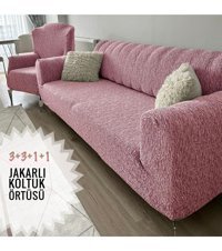 Tuchmall Likralı Jakarlı Süngerli Çizgili Giydirmeli Pembe Dörtlü Koltuk Örtüsü 180x230 cm