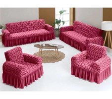 Uytm Pamuklu - Polyester Bürümcük-Likralı Drapeli Süngerli Çiçek Desenli Giydirmeli Bordo Dörtlü Koltuk Örtüsü 80x120 cm
