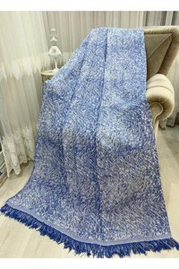 Özlü Home Pamuklu Örgü Saçaklı Süngersiz Çizgili Lacivert Tekli Koltuk Örtüsü 170x220 cm