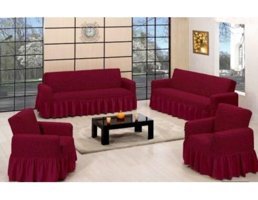 Lady Bella Elite Home Style Pamuklu Bürümcük Fırfırlı Süngersiz Kareli Giydirmeli Bordo Dörtlü Koltuk Örtüsü 100x230 cm