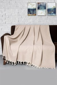 Denizli Concept Pamuklu - Polyester Kanvas Püsküllü Süngersiz Armürlü Bej Üçlü Koltuk Örtüsü 170x300 cm