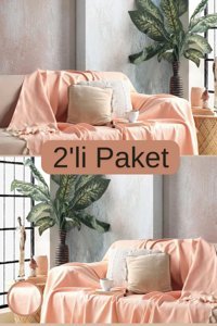 Miracolo Home Pamuklu Püsküllü Süngersiz Çizgili Turuncu İkili Koltuk Örtüsü 170x230 cm