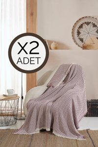 Lux Touch Pamuklu Saçaklı Süngersiz Geometrik Desenli Mor İkili Koltuk Örtüsü 150x200 cm