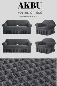 Akbu Pamuklu - Polyester Bürümcük Fırfırlı Süngersiz Giydirmeli Lastikli Siyah Dörtlü Koltuk Örtüsü 183x230 cm