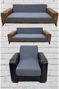 Şahane Ev Mikro Polyester Likralı Jakarlı Süngersiz Düz Giydirmeli Lastikli Gri Üçlü Koltuk Örtüsü 23x83 cm
