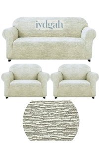 Iydgah Likralı Jakarlı Süngersiz Kırçıllı Giydirmeli Krem Üçlü Koltuk Örtüsü 50x180 cm