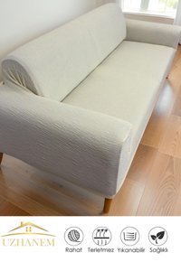 Uzhanem Pamuklu - Polyester Likralı Süngerli Çizgili Giydirmeli Bej Tekli Koltuk Örtüsü 180x230 cm