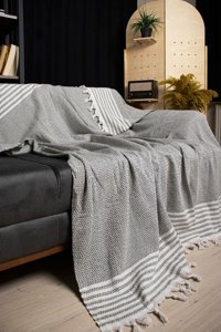 Home Mod Store Pamuklu Saçaklı Süngersiz Geometrik Desenli Gri Tekli Koltuk Örtüsü 180x220 cm
