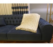 Efendyco Pamuklu Kanvas Saçaklı Süngersiz Ekoseli Bej Üçlü Koltuk Örtüsü 200x320 cm