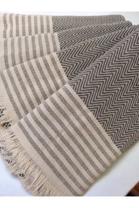 Şener Home Pamuklu Polar Saçaklı Süngersiz Çizgili Gri Tekli Koltuk Örtüsü 170x301 cm
