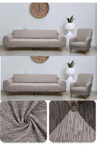 Seltenet Likralı Jakarlı Süngersiz Çizgili Giydirmeli Su Geçirmez Kahverengi Dörtlü Koltuk Örtüsü 180x230 cm