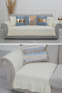Aisha's Design KTK-6 Polyester Örgü Pileli Süngersiz Düz Ekru Üçlü Koltuk Örtüsü 34x48 cm