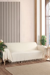 Cotanique Verona 3 Pamuklu Kanvas Püsküllü Süngersiz Armürlü Bej Üçlü Koltuk Örtüsü 180x300 cm