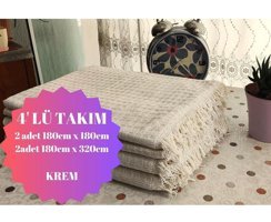 A.Z.H. Windores Pamuklu - Polyester Süngersiz Armürlü Krem Dörtlü Koltuk Örtüsü 180x320 cm