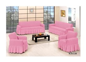 Armağan Pamuklu - Polyester Bürümcük Fırfırlı Süngersiz Giydirmeli Lastikli Pembe Dörtlü Koltuk Örtüsü 230x180 cm
