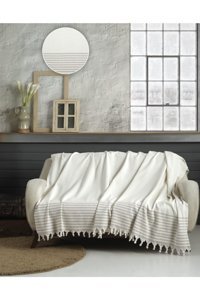 Tiftik Home Pamuklu Polar Saçaklı Süngersiz Çizgili Bej Tekli Koltuk Örtüsü 175x215 cm
