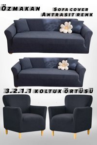 Özmakan Likralı Jakarlı Süngersiz Giydirmeli Gri Dörtlü Koltuk Örtüsü 180x230 cm