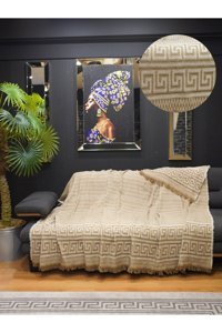 Star Home Collections Pamuklu Polar Saçaklı Süngersiz Geometrik Desenli Kahverengi Tekli Koltuk Örtüsü 170x220 cm
