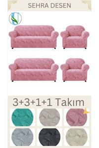 Uy Style Tekstil Likralı Jakarlı Süngerli Armürlü Giydirmeli Pembe Dörtlü Koltuk Örtüsü 180x230 cm