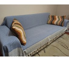 Şener Home Pamuklu Polar Saçaklı Süngersiz Çizgili Lacivert Üçlü Koltuk Örtüsü 170x301 cm
