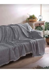 Enti Ev Tekstili Pamuklu Kanvas Saçaklı Süngersiz Armürlü Siyah Üçlü Koltuk Örtüsü 170x220 cm