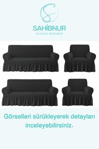 Sahibnur Pamuklu - Polyester Bürümcük Jakarlı Süngersiz Geometrik Desenli Giydirmeli Siyah Dörtlü Koltuk Örtüsü 180x230 cm