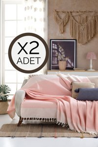 Lux Touch Bergama Pamuklu Püsküllü Süngersiz Geometrik Desenli Somon İkili Koltuk Örtüsü 180x200 cm