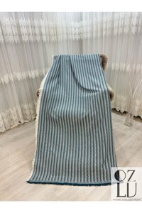 Özlü Home Pamuklu Örgü Saçaklı Süngersiz Çizgili Turkuaz Tekli Koltuk Örtüsü 170x210 cm