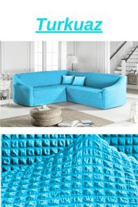 Uytm Polyester Bürümcük-Likralı Süngerli Çizgili Giydirmeli Turkuaz Tekli Koltuk Örtüsü 180x350 cm