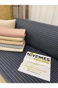Nivemes Home Pamuklu - Polyester Fitilli Süngersiz Çizgili Gri Tekli Koltuk Örtüsü 200x150 cm
