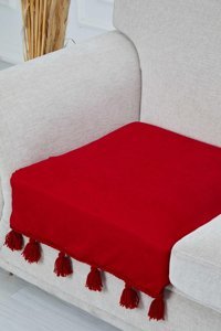 Aisha's Design KO-26-T Polyester Örgü Püsküllü Süngersiz Düz Kırmızı İkili Koltuk Örtüsü 90x75 cm