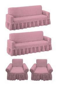 Heytgah Polyester Bürümcük-Likralı Fırfırlı Süngersiz Kapitone Giydirmeli Pembe 3-3-1-1 Koltuk Örtüsü 80x120 cm