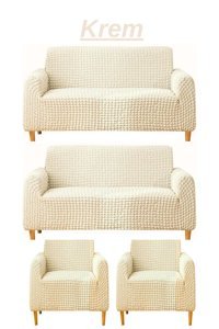 Heytgah Polyester Bürümcük Fırfırlı Süngersiz Kapitone Giydirmeli Krem L Koltuk Koltuk Örtüsü 180x230 cm
