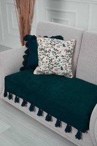 Aisha's Design KO-19-IK Polyester Örgü Püsküllü Süngersiz Düz Mavi Tekli Koltuk Örtüsü 90x155 cm