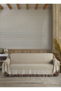 Lux Touch Pamuklu Saçaklı Süngersiz Geometrik Desenli Bej Tekli Koltuk Örtüsü 180x300 cm