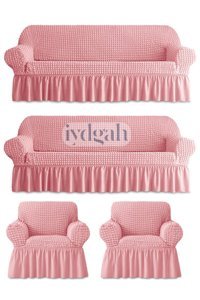 Iydgah Polyester Bürümcük-Likralı Fırfırlı Süngersiz Kapitone Giydirmeli Pembe 3-3-1-1 Koltuk Örtüsü 180x230 cm