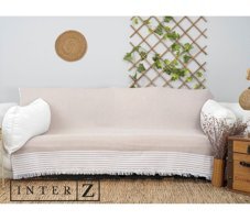 Melonie Pamuklu Saçaklı Süngersiz Geometrik Desenli Bej Tekli Koltuk Örtüsü 170x210 cm