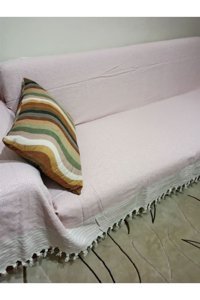 Şener Home Pamuklu Polar Saçaklı Süngersiz Çizgili Pembe Tekli Koltuk Örtüsü 170x301 cm