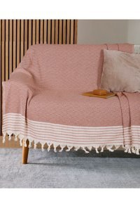 Bumedo Pamuklu Kanvas Püsküllü Süngersiz Armürlü Kiremit Üçlü Koltuk Örtüsü 170x210 cm