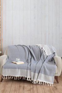 Pamukören Natural Pamuklu - Polyester Örgü Saçaklı Süngersiz Geometrik Desenli Gri İkili Koltuk Örtüsü 170x210 cm
