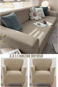 Uzhanem Pamuklu - Polyester Bürümcük-Likralı Süngerli Armürlü Giydirmeli Kahverengi Dörtlü Koltuk Örtüsü 180x230 cm
