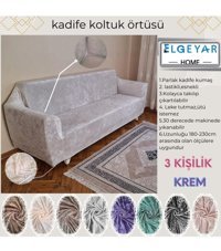 Elgeyar Kadife Likralı Jakarlı Süngersiz Armürlü Giydirmeli Bej Üçlü Koltuk Örtüsü 180x230 cm