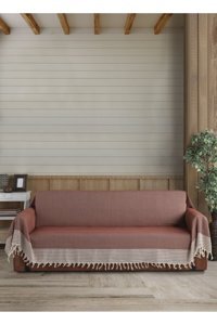 Lux Touch Pamuklu Püsküllü Süngersiz Geometrik Desenli Kiremit Tekli Koltuk Örtüsü 180x300 cm