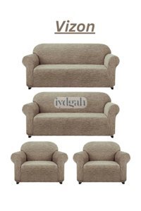 Iydgah Likralı Jakarlı Süngersiz Kırçıllı Giydirmeli Krem 3-3-1-1 Koltuk Örtüsü 180x230 cm